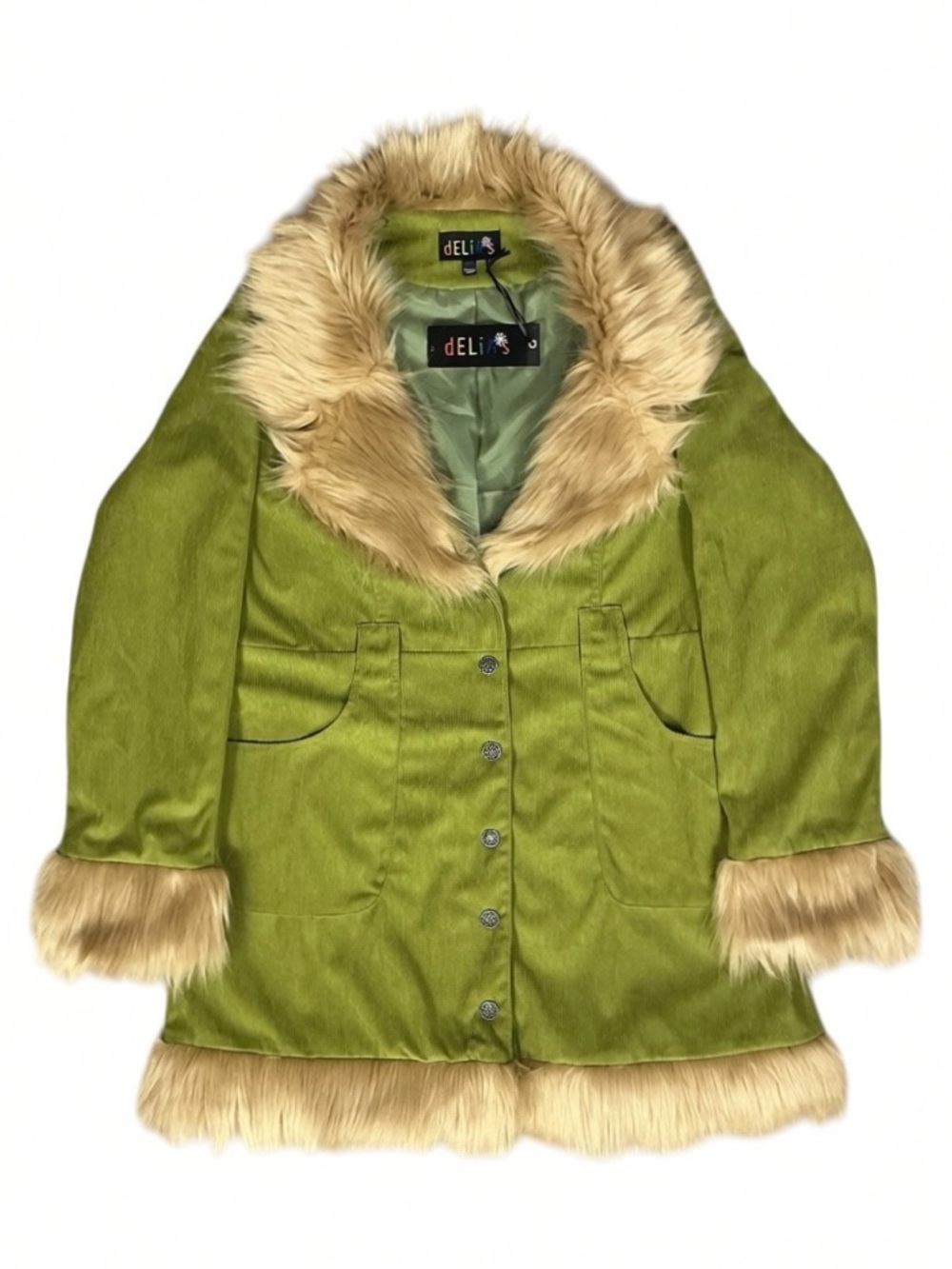 Dolls Kill dELiA*s NWT Retro Mod Green Corduroy Faux Fur Trim Penny Lane Coat XL - Picture 2 of 7